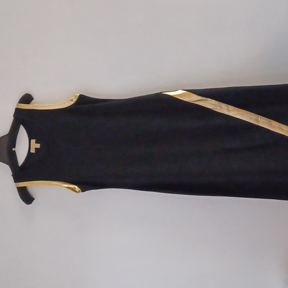 Leatherette Gold Panel Slit Front Maxi Black Dress Miss Morena Large - Picture 1 of 10